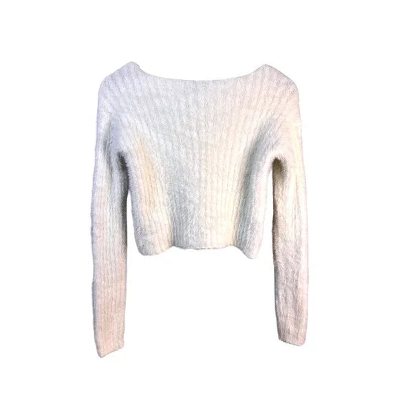 Women's HYFVE Fuzzy Cropped Sweater Long Sleeve Boat Neck Knit Top - Small