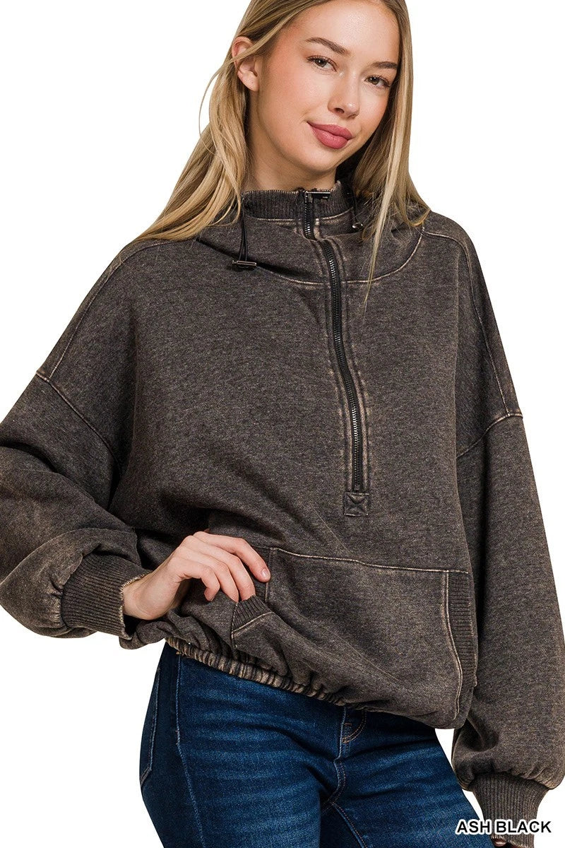 Zenana French Terry Acid Wash Kangaroo Pocket 1/2 Zip Hoodie
