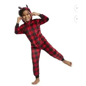 Jolly Jammies Kids Red Buffalo Plaid Sherpa Lined Reindeer Hooded One Piece
