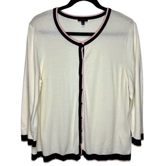 Talbots Long Sleeved Cardigan Sweater with Button Front and Ivory Pink Trim- XL