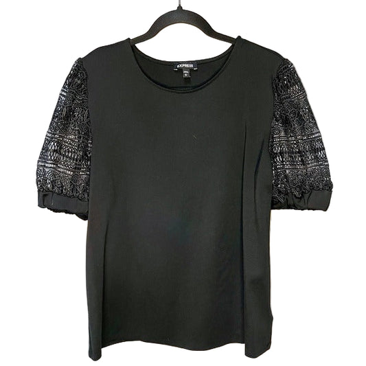 Black Express Blouse/Top with Lace Puff Sleeves-Medium