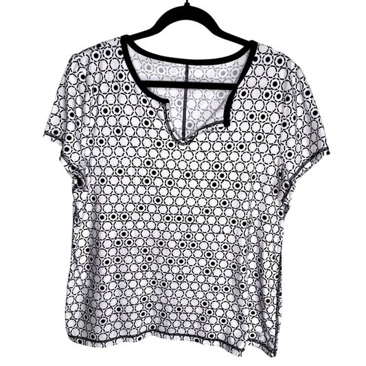Women's T by Talbots Top-Black & White Geometric Print Short Sleeve V Neck- XL