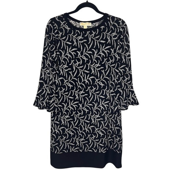 Michael Kors Black & White, Leaf Print, Bell Sleeve, Shift Dress- Medium