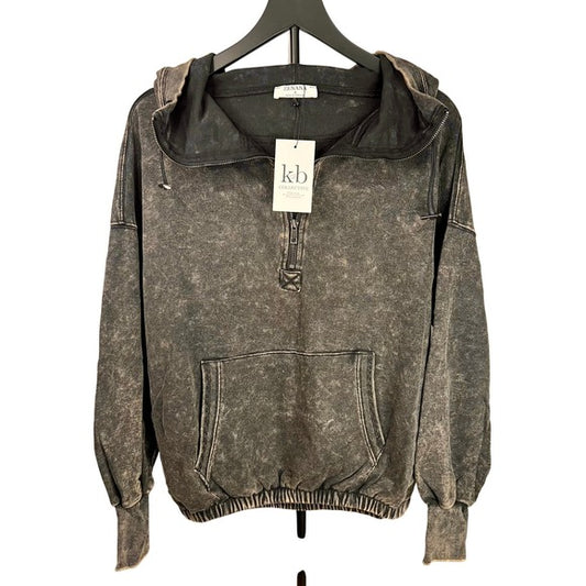 Zenana French Terry Acid Wash Kangaroo Pocket 1/2 Zip Hoodie