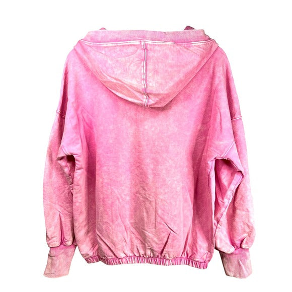 Zenana French Terry Pink Acid Wash Kangaroo Pocket 1/2 Zip Hoodie