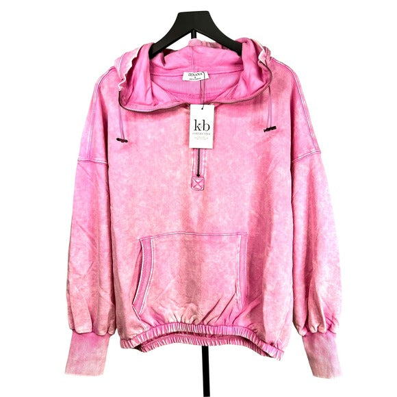 Zenana French Terry Pink Acid Wash Kangaroo Pocket 1/2 Zip Hoodie