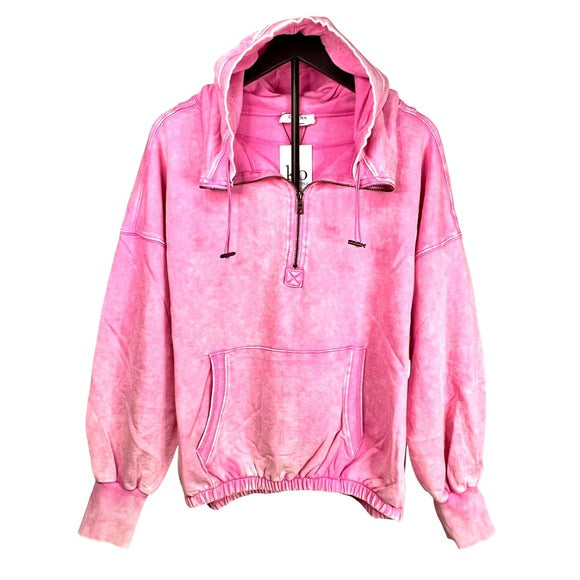Zenana French Terry Pink Acid Wash Kangaroo Pocket 1/2 Zip Hoodie