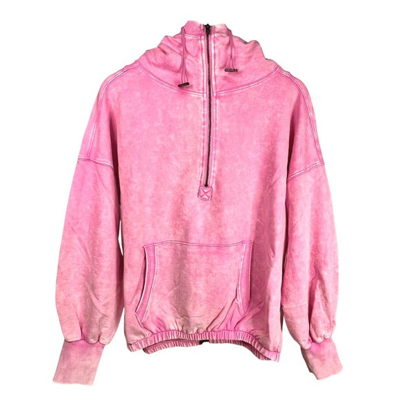 Zenana French Terry Pink Acid Wash Kangaroo Pocket 1/2 Zip Hoodie
