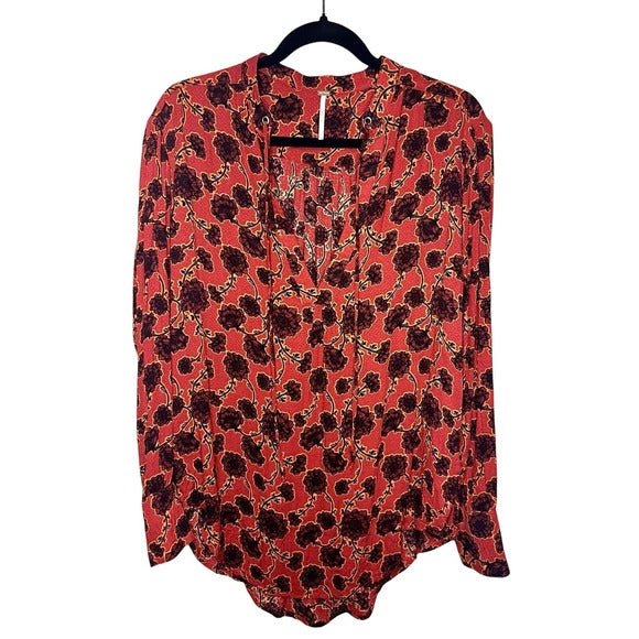 Free People Long Sleeve Floral Print Deep Red Blouse- Size XS with Medium fit