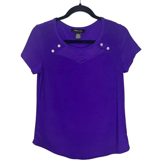 Adele & May Womens Purple Embellished Short Sleeve Knit Top-Small