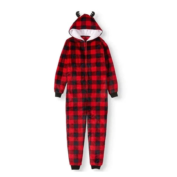Jolly Jammies Kids Red Buffalo Plaid Sherpa Lined Reindeer Hooded One Piece