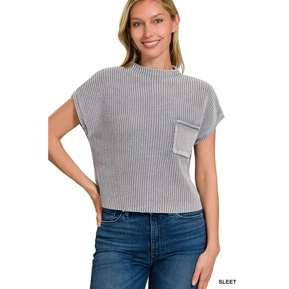 Zenana Mock Neck Knit Sleeveless Crop Top Sweater