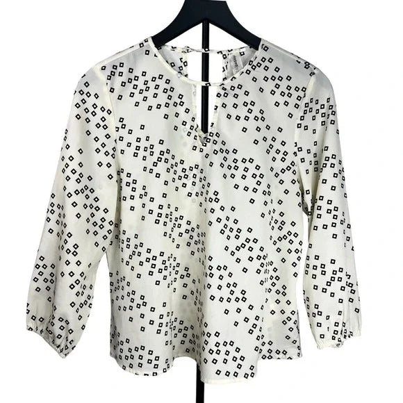 Square Patterned misska Blouse Top,Ivory & Black,Back Button Closure- Large