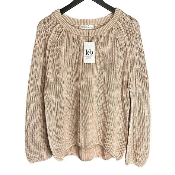 Zenana Womens Beige Cotton Knit Sweater Slouchy Oversized