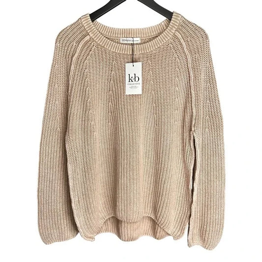 Zenana Womens Beige Cotton Knit Sweater Slouchy Oversized