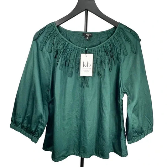 Talbots Woman 2X Emerald Green Blouse Top Ruffle Detail 3/4 Sleeve