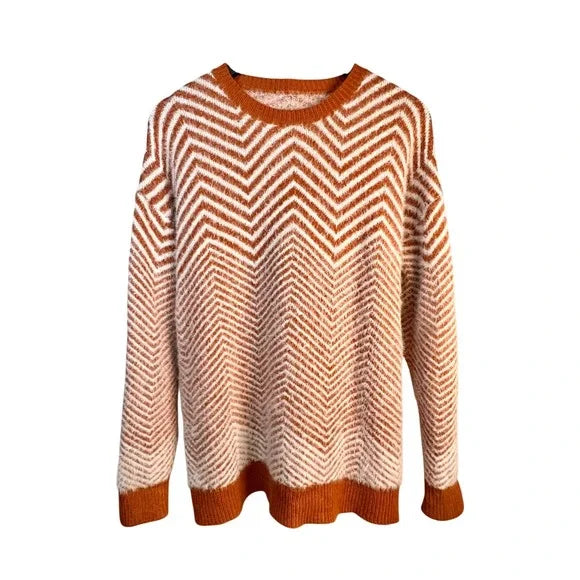 Women's Orange White Chevron Pattern Fuzzy Knit Sweater Pullover- Large