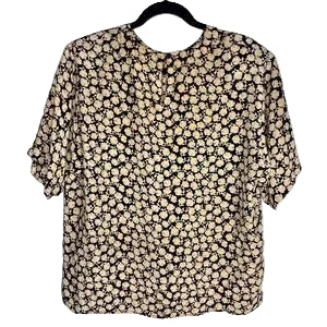Douglass 100% Silk Blouse Floral Print Black Beige Short Sleeve Womens L