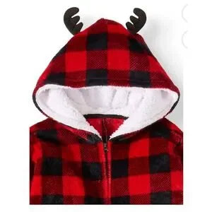 Jolly Jammies Kids Red Buffalo Plaid Sherpa Lined Reindeer Hooded One Piece