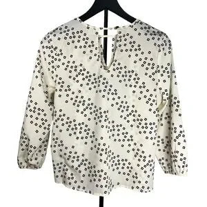 Square Patterned misska Blouse Top,Ivory & Black,Back Button Closure- Large