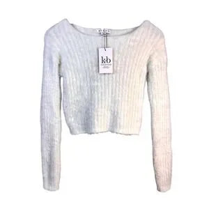 Women's HYFVE Fuzzy Cropped Sweater Long Sleeve Boat Neck Knit Top - Small