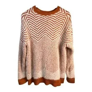 Women's Orange White Chevron Pattern Fuzzy Knit Sweater Pullover- Large